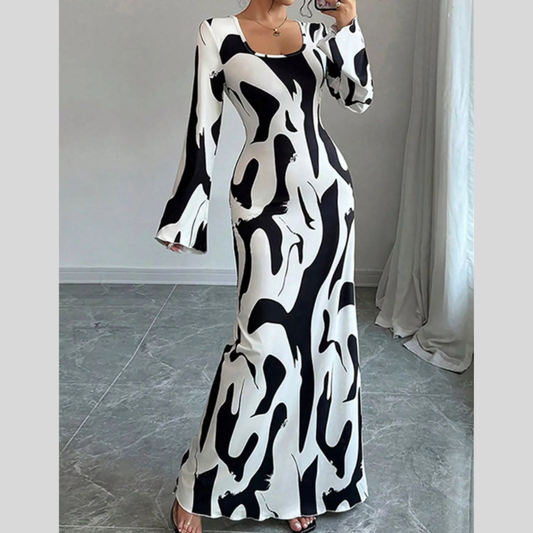 Abstract Print Long Sleeve Maxi Dress