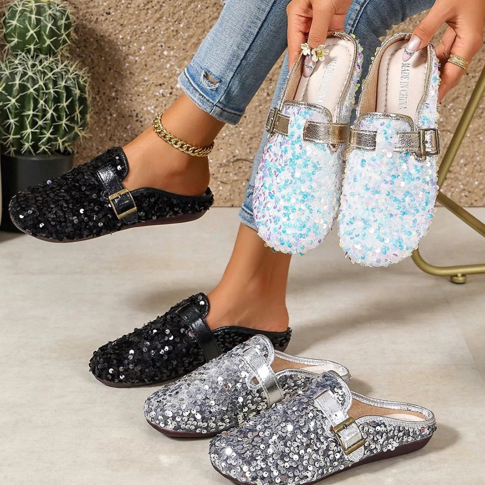 Sparkling Sequin Buckle Slip-On Loafers
