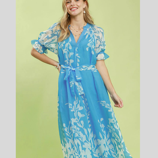Umgee Floral Print Tie Waist Midi Dress with Side Pockets