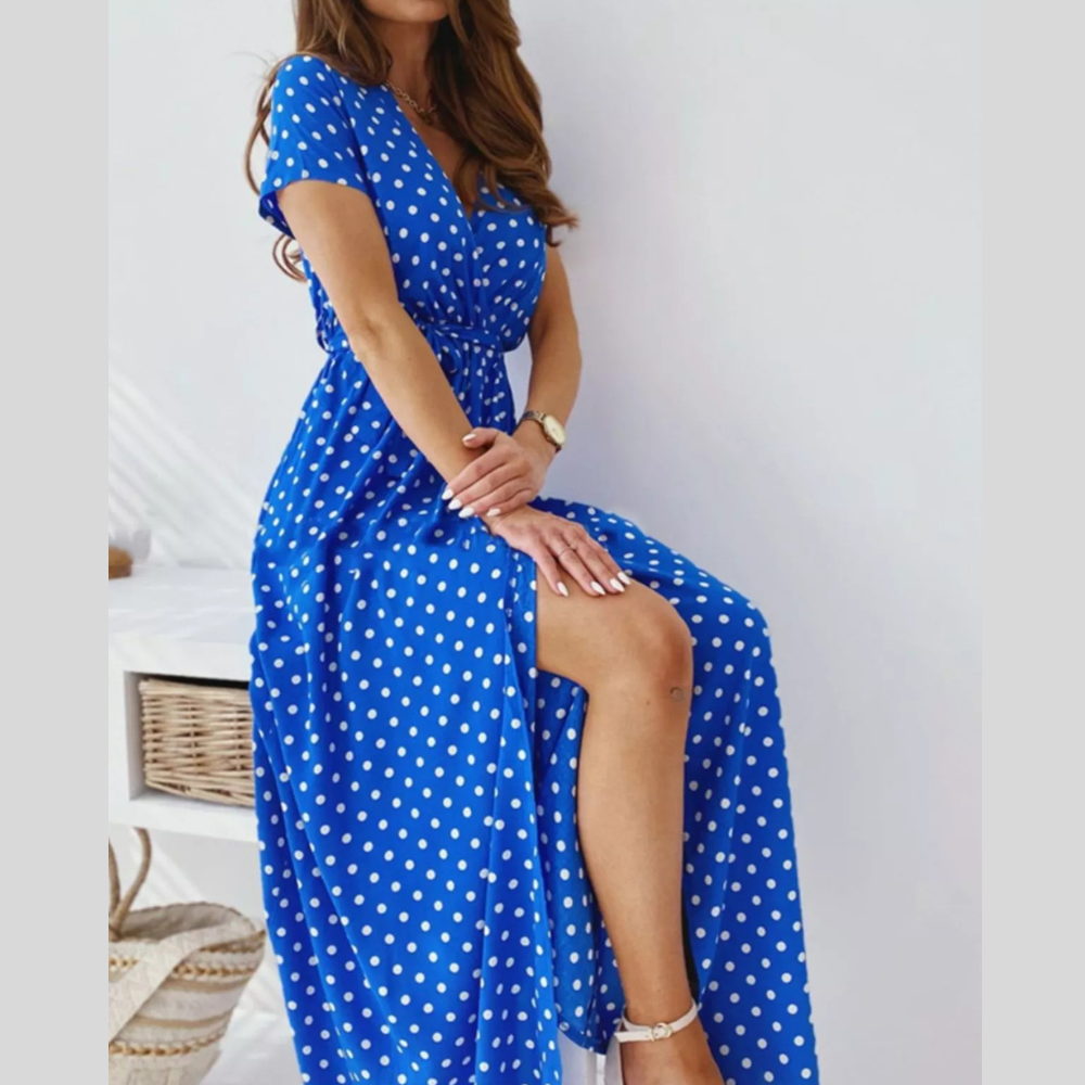Polka Dot Surplice Maxi Dress with Slit