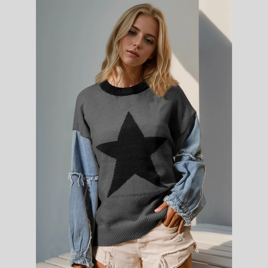 Double Take Full Size Star Pattern Raw Edge Long Sleeve Sweater