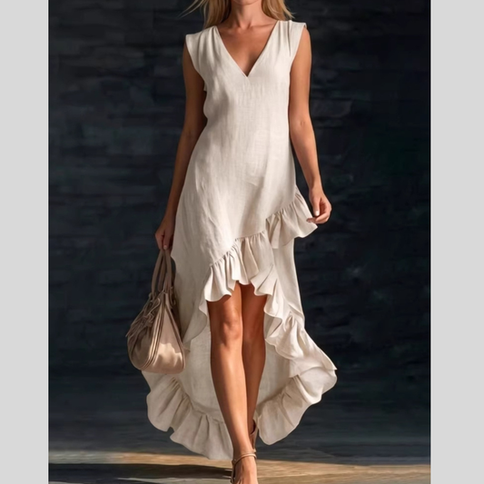 Sleeveless V-Neck Ruffle Hem High-Low Dress