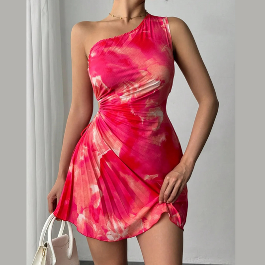 Cutout Drawstring Pleated Tie-Dye Sleeveless Mini Dress