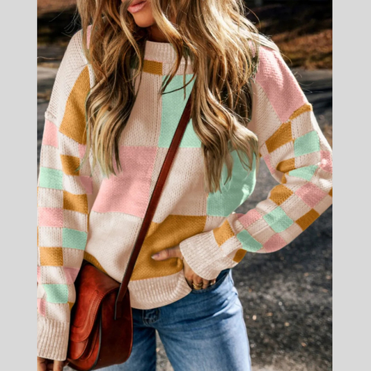Checkered Round Neck Drop Shoulder Sweater