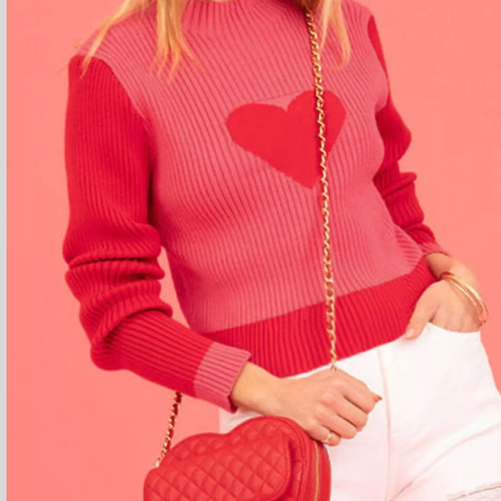 Color-Block Heart Pattern Ribbed Knit Sweater