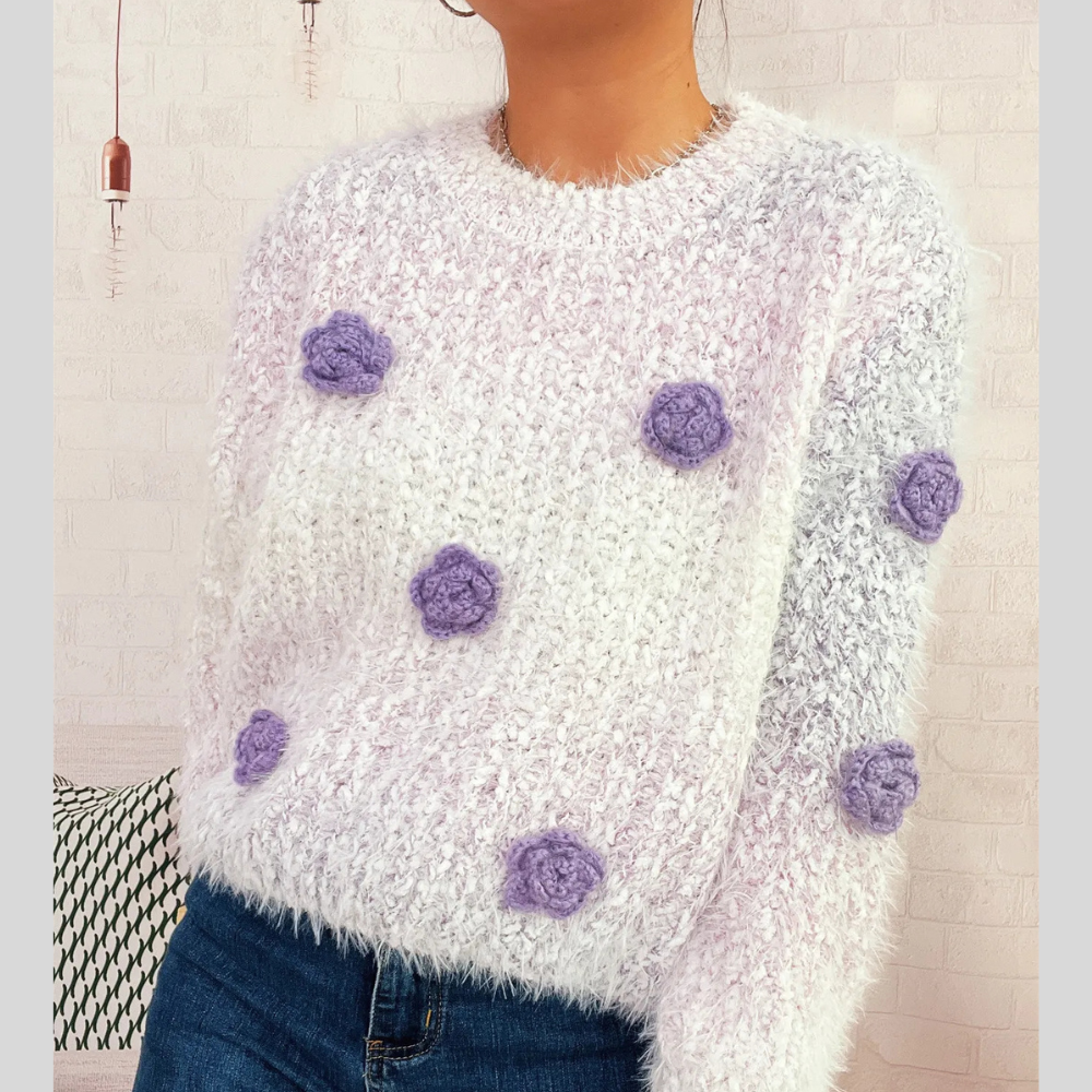 Flower Embellished Round Neck Sweater