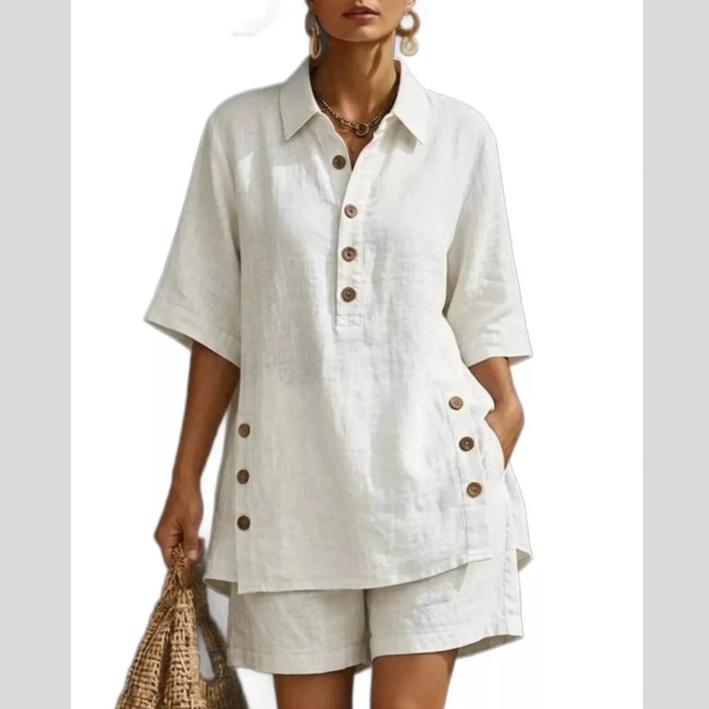 Full Size Casual Linen Button-Down Shirt & Shorts Set Plus Size