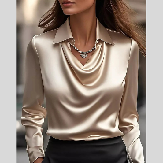 Full Size Satin Cowl Neck Long Sleeve Blouse Plus Size