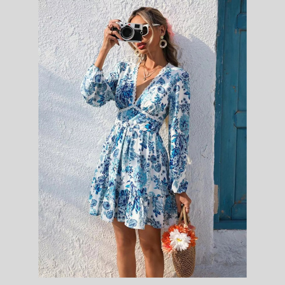 Full Size Floral Print V-Neck Long Sleeve Ruffle Hem Mini Dress Plus Size