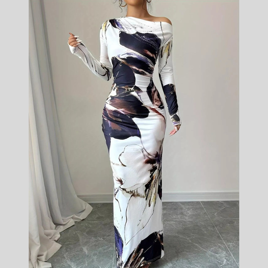 Floral One Shoulder Long Sleeve Maxi Dress
