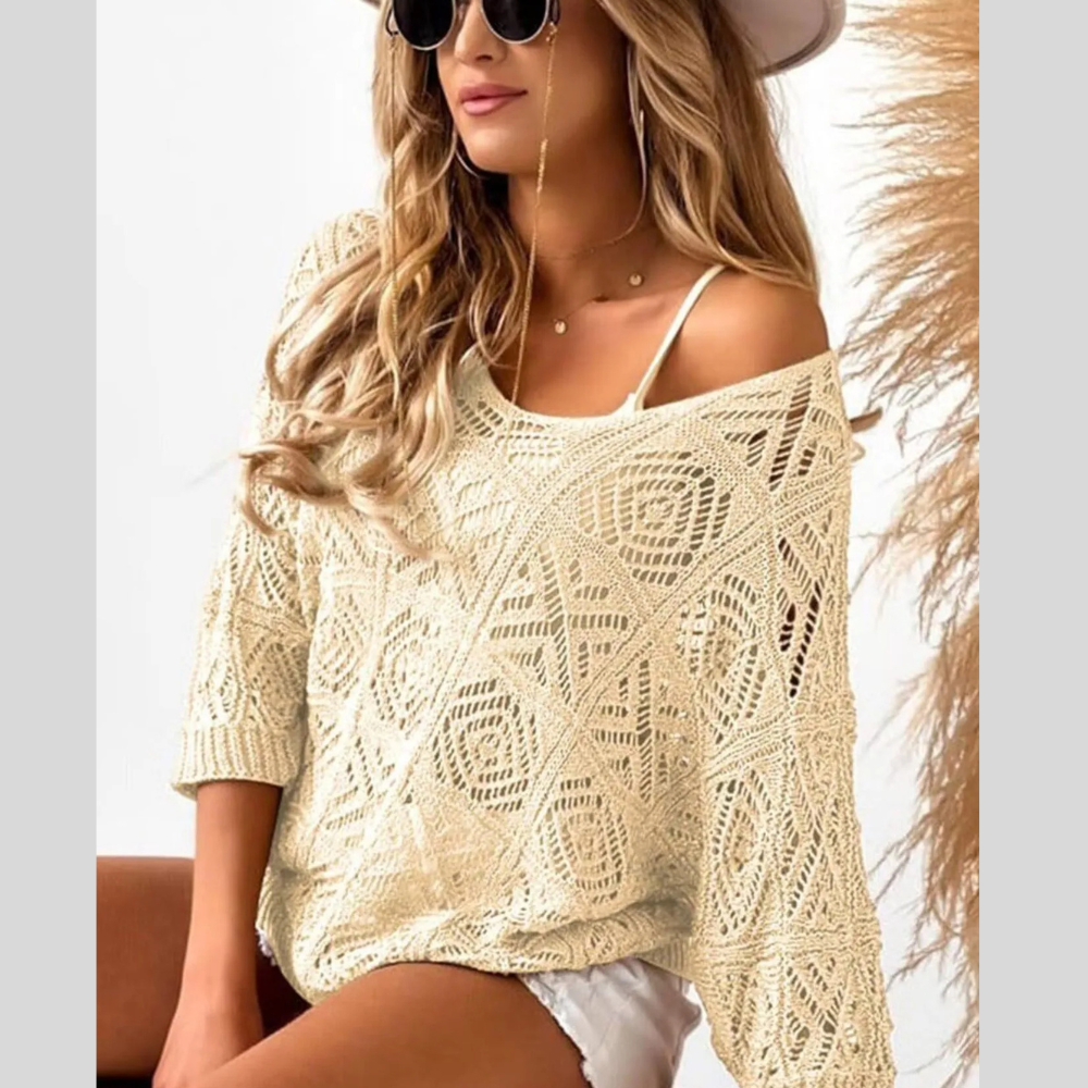Openwork 3/4 Sleeve Knit Cover Up