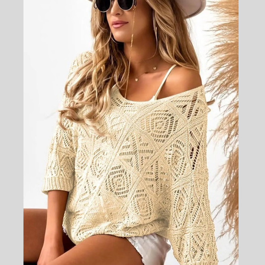 Openwork 3/4 Sleeve Knit Cover Up