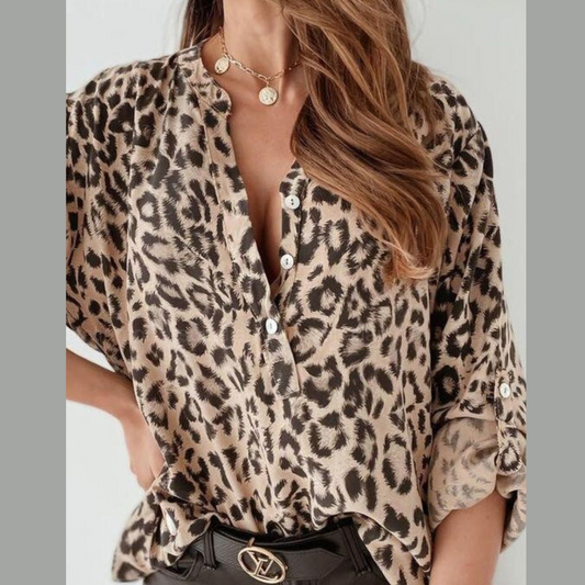 Leopard Button Detail Notched Long Sleeve Blouse