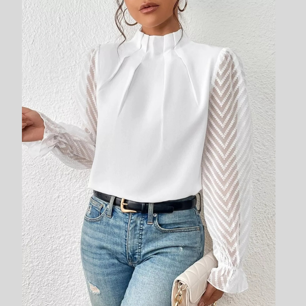 Mock Neck Sheer Lace Sleeve Blouse