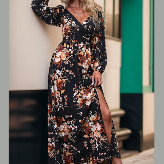Perfee Slit Printed Surplice Long Sleeve Maxi Dress