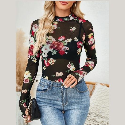 Floral Mock Neck Long Sleeve Top