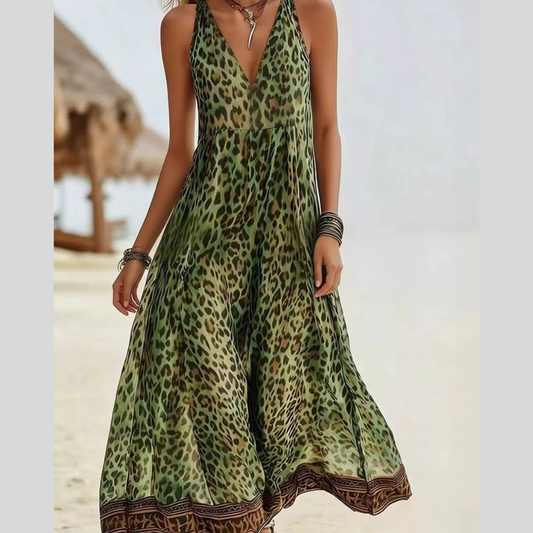 Leopard Print V-Neck Midi Dress