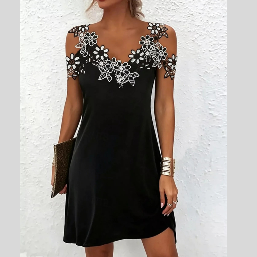 Lace Floral Trim Cold Shoulder Mini Dress