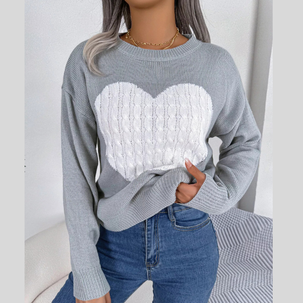 Cable Knit Heart Round Neck Sweater