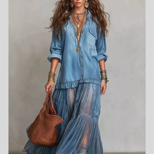 Full Size Tiered Long Sleeve Denim Shirt Maxi Dress Plus Size