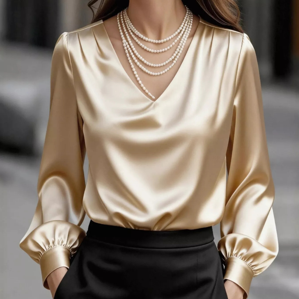 Satin V-Neck Long Sleeve Blouse