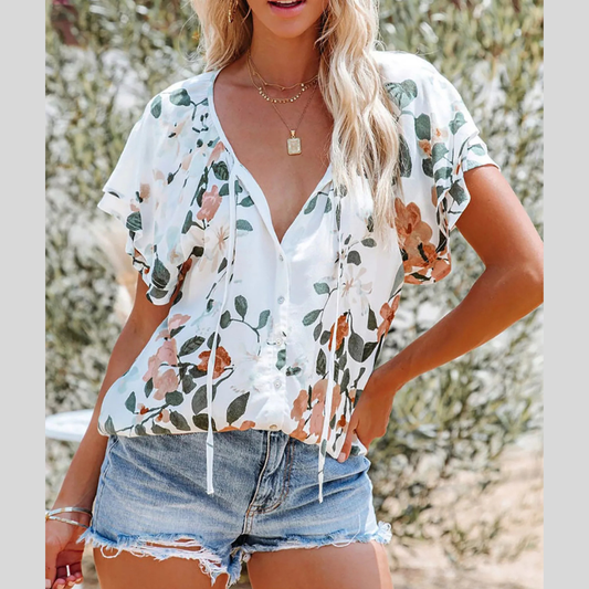 Full Size Floral Print V-Neck Shirt Plus Size
