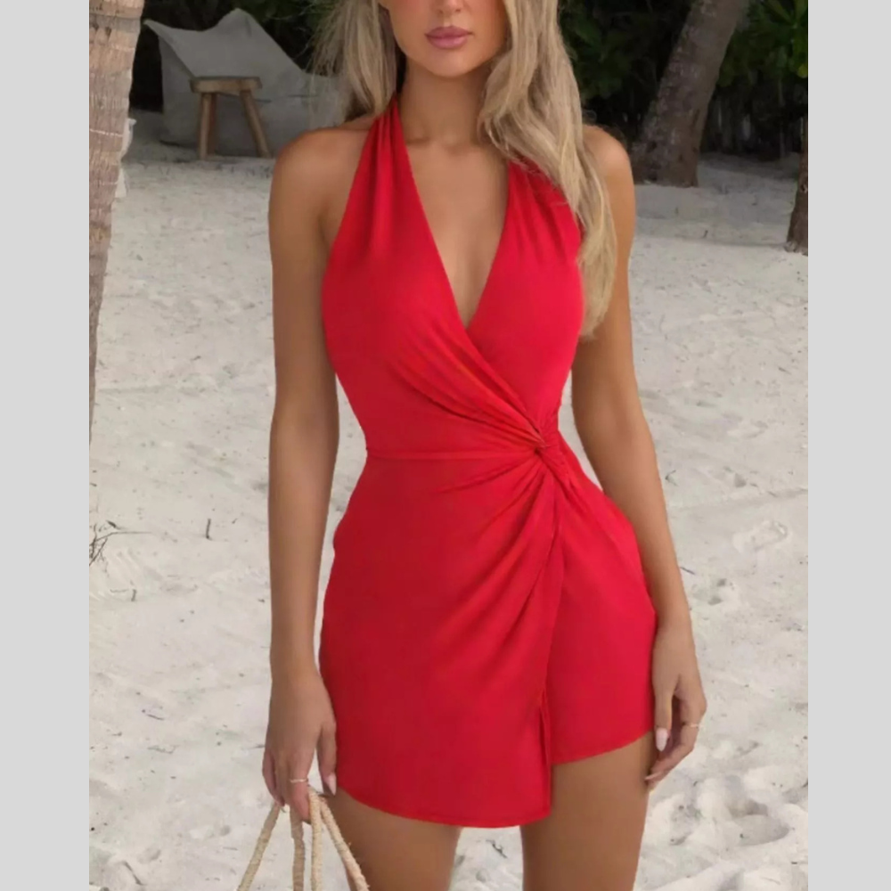 Halter Neck Twist Front Mini Dress