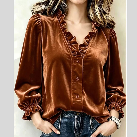 V-Neck Ruffled Velvet Button Down Blouse