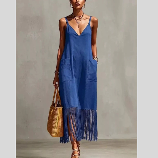 Full Size Fringe V-Neck Spaghetti Strap Dress Plus Size