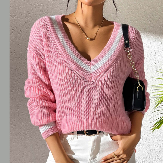 Contrast Trim V-Neck Long Sleeve Sweater