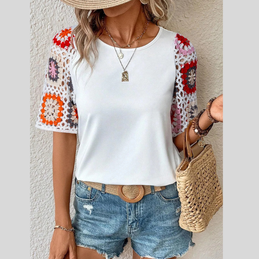 Geometric Round Neck Short Sleeve Blouse
