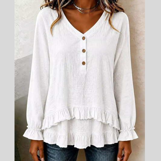 V-Neck Long Sleeve Button Detail Ruffled Hem Blouse