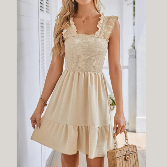 Smocked Square Neck Wide Strap Dress