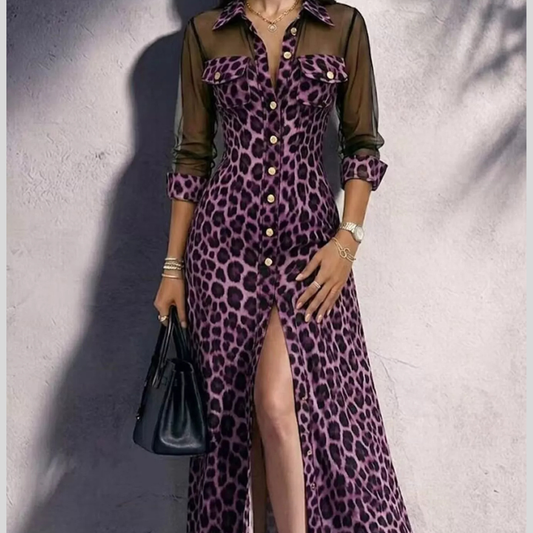 Full Size Leopard Sheer Mesh Long Sleeve Button-Down Maxi Dress Plus Size