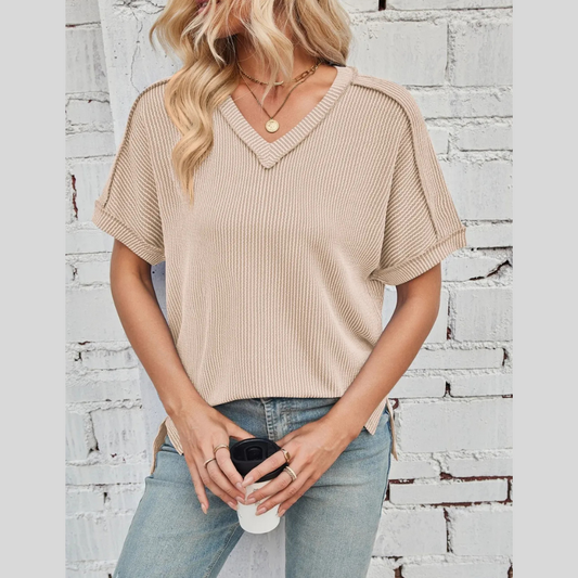 Cord Ribbed V-Neck Short Sleeve T-Shirt