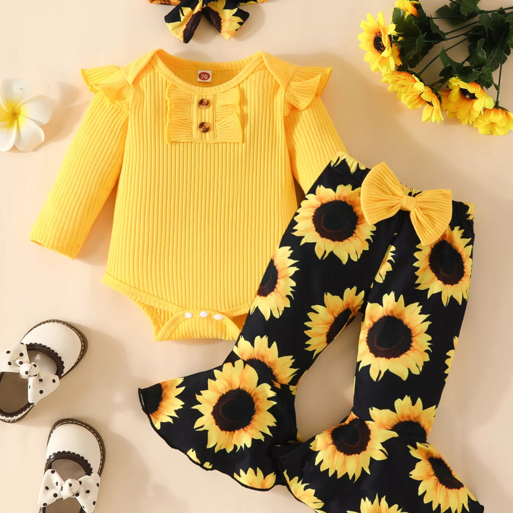 Children's Ruffled Ribbed Top and Sunflower Pants Set