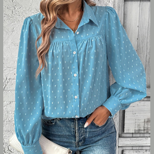 Full Size Swiss Dot Collared Neck Long Sleeve Shirt