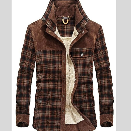 Men's Full Size Plaid Fleece Lined Snap Down Jacket Plus Size