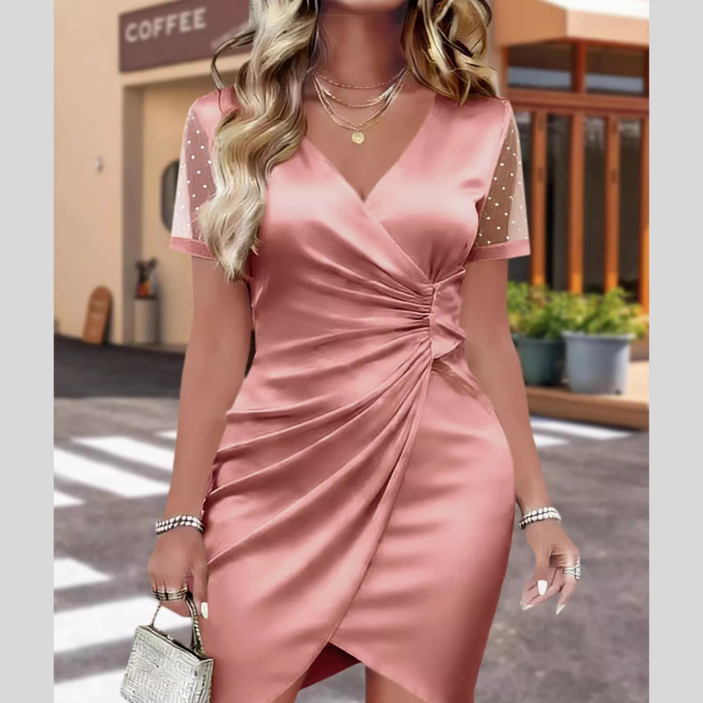Full Size Ruched Satin Wrap Dress with Sheer Mesh Sleeves Plus Size