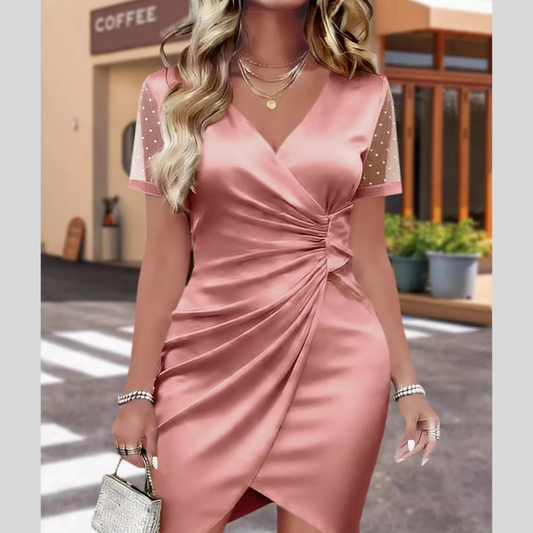 Full Size Ruched Satin Wrap Dress with Sheer Mesh Sleeves Plus Size