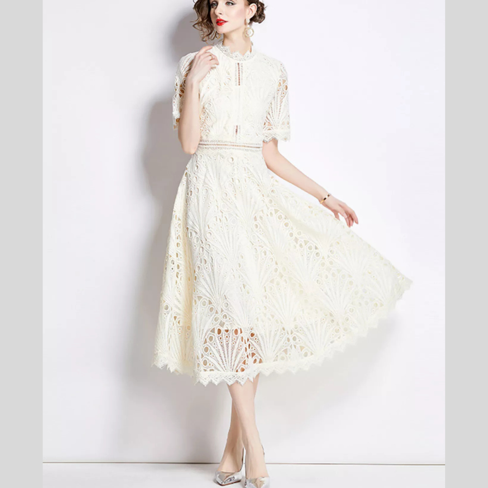 Full Size Lace Short Sleeve Midi Dress Plus Size
