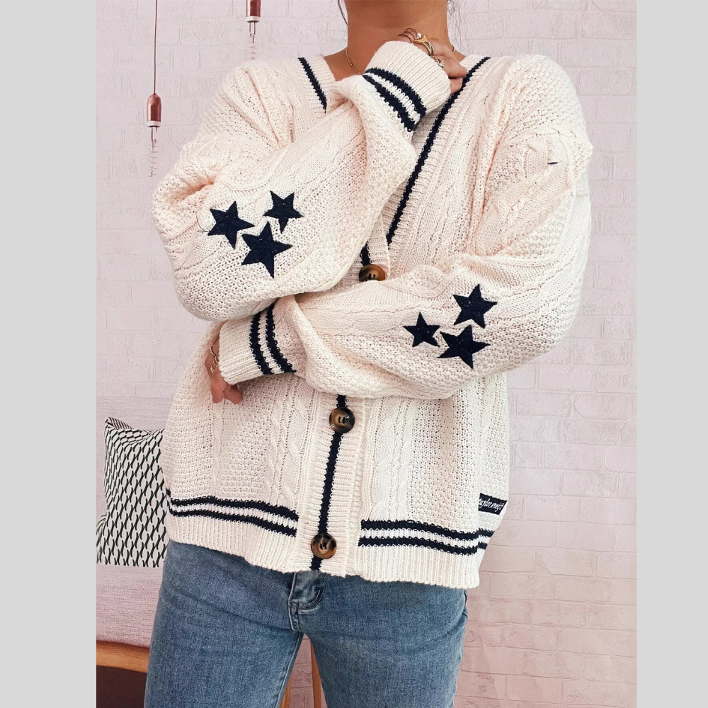 Star Pattern Button-Up Cardigan with Contrast Trim