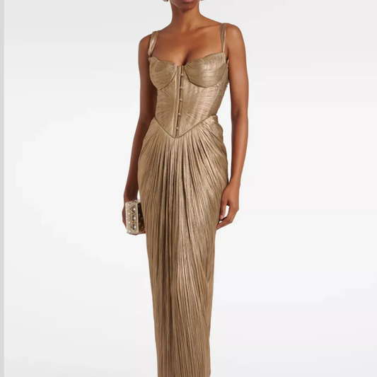 Metallic Pleated Corset Maxi Dress