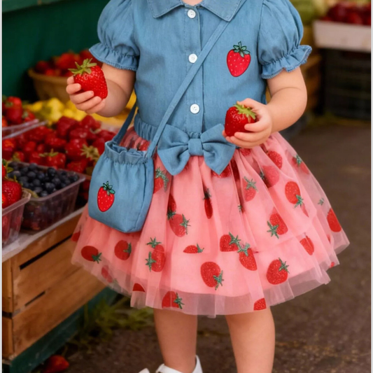 Children's Strawberry Short Sleeve Top and Skirt Set with Bag