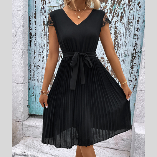 Perfee V-Neck Tie Belt Pleated Dress
