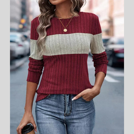 Color Block Ribbed Knit Long Sleeve T-Shirt
