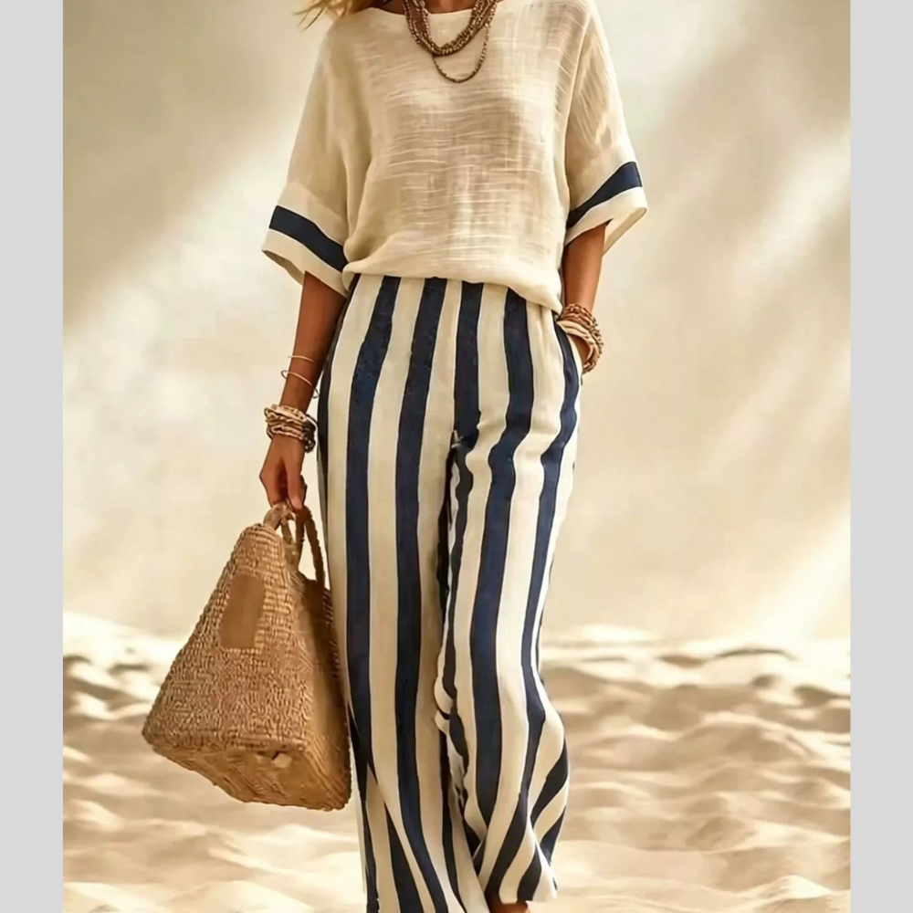 Full Size Striped Half Sleeve Top and Pants Set Plus Size