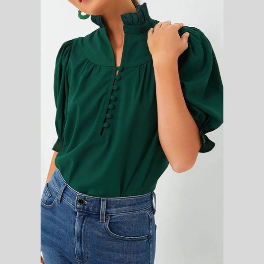 Puff Sleeve Frilled Trim Elegant Blouse