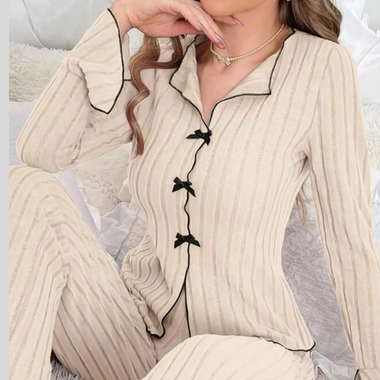 Contrast Bow Detail Top and Pants Lounge Set