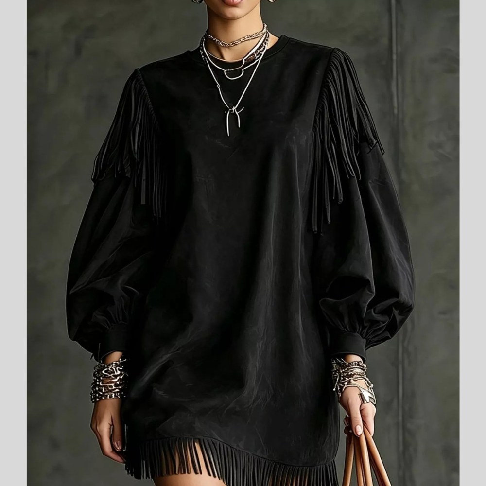 Fringe Detail Lantern Sleeve Mini Dress